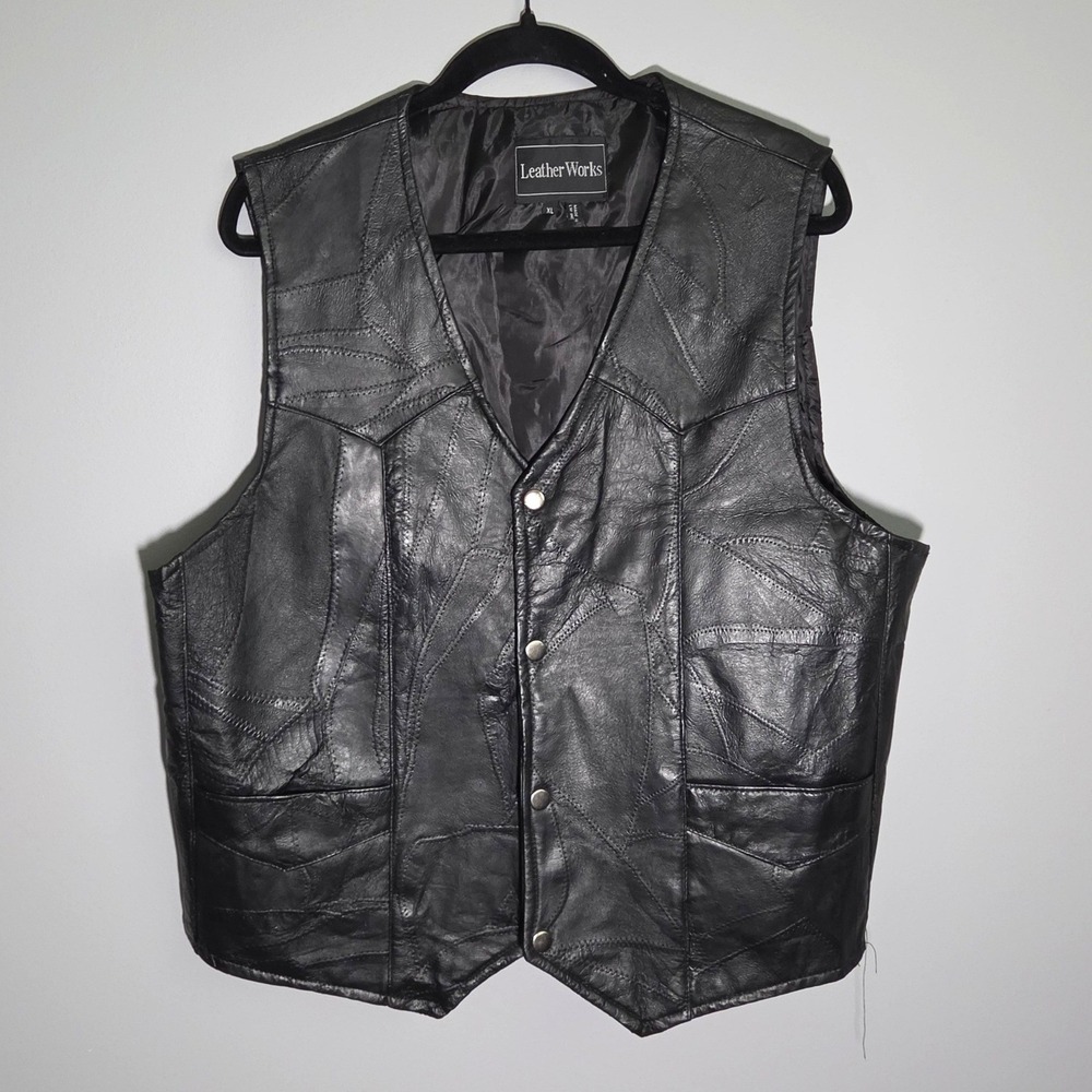 Leather Works Vintage Vest Mens XL Black Biker Riding Western 90s Grunge Rocker